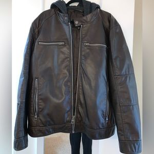 Guess Men's Faux-Leather Detachable-Hood Motorcycle Jacket